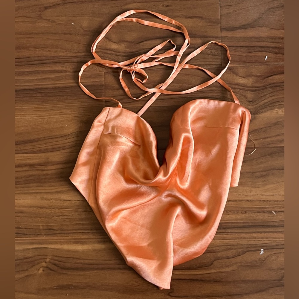 Wrap halter orange silk top